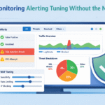 WAF monitoring alerting tuning dashboard displaying traffic charts, threat alerts, and rule tuning controls