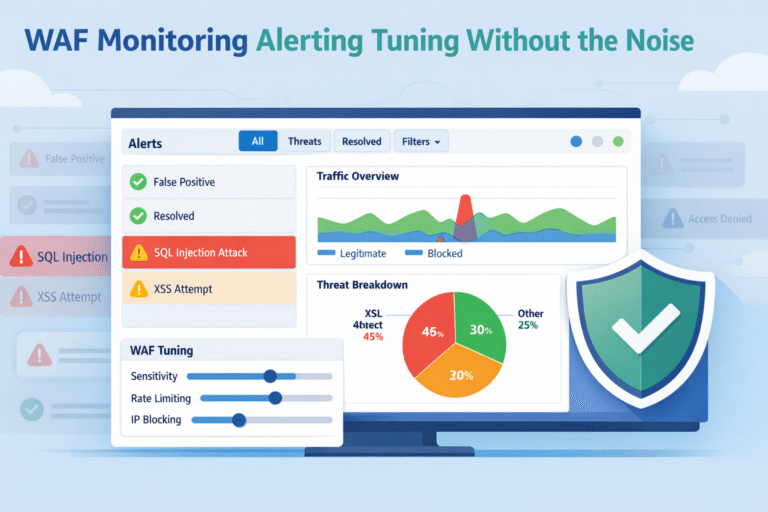 WAF monitoring alerting tuning dashboard displaying traffic charts, threat alerts, and rule tuning controls