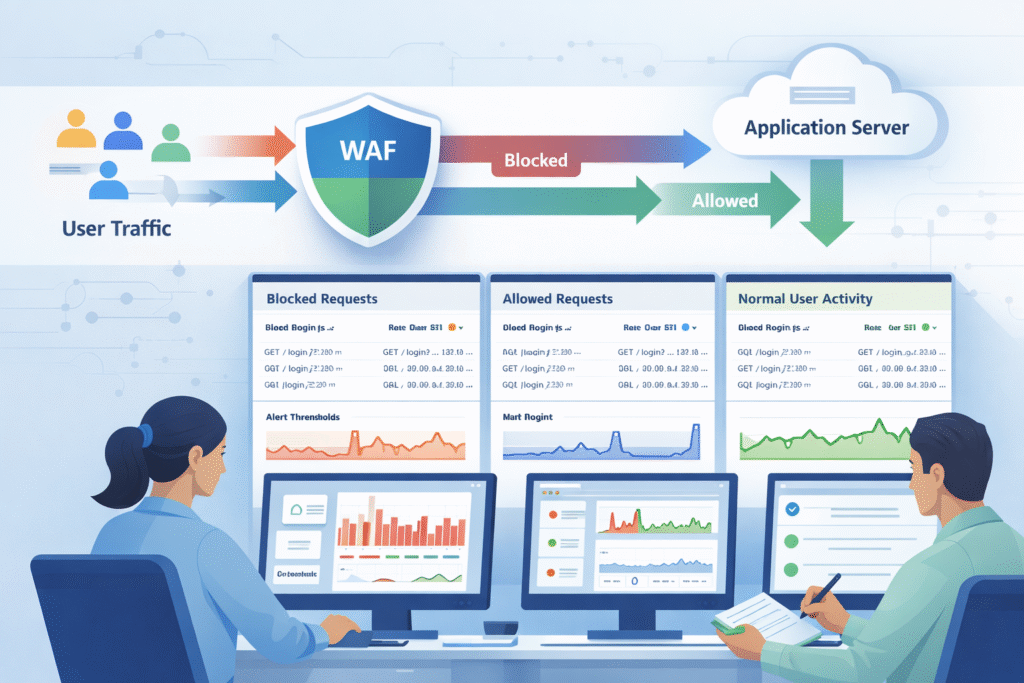 WAF monitoring alerting tuning scene visualizing real-time traffic inspection and analyst review