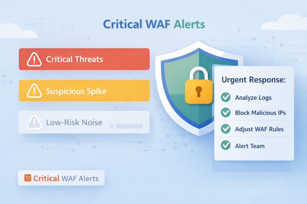 WAF monitoring alerting tuning illustration focused on prioritizing critical WAF alerts over low-risk noise