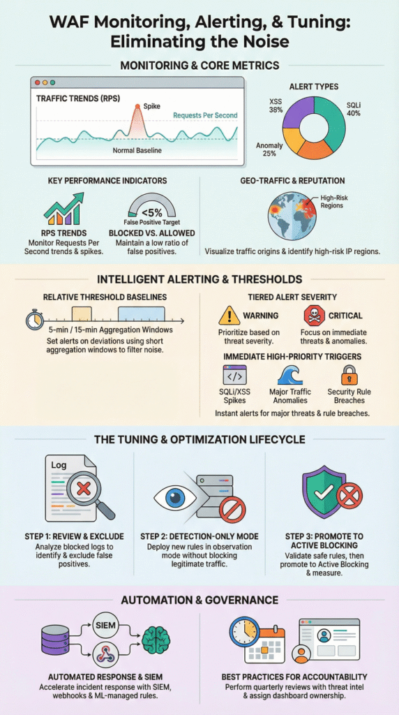 WAF monitoring alerting tuning infographic showing monitoring metrics, alert severity, and optimization steps
