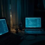 Dual laptop setup displaying code for configuring waf policies rules in dark cybersecurity workspace at night