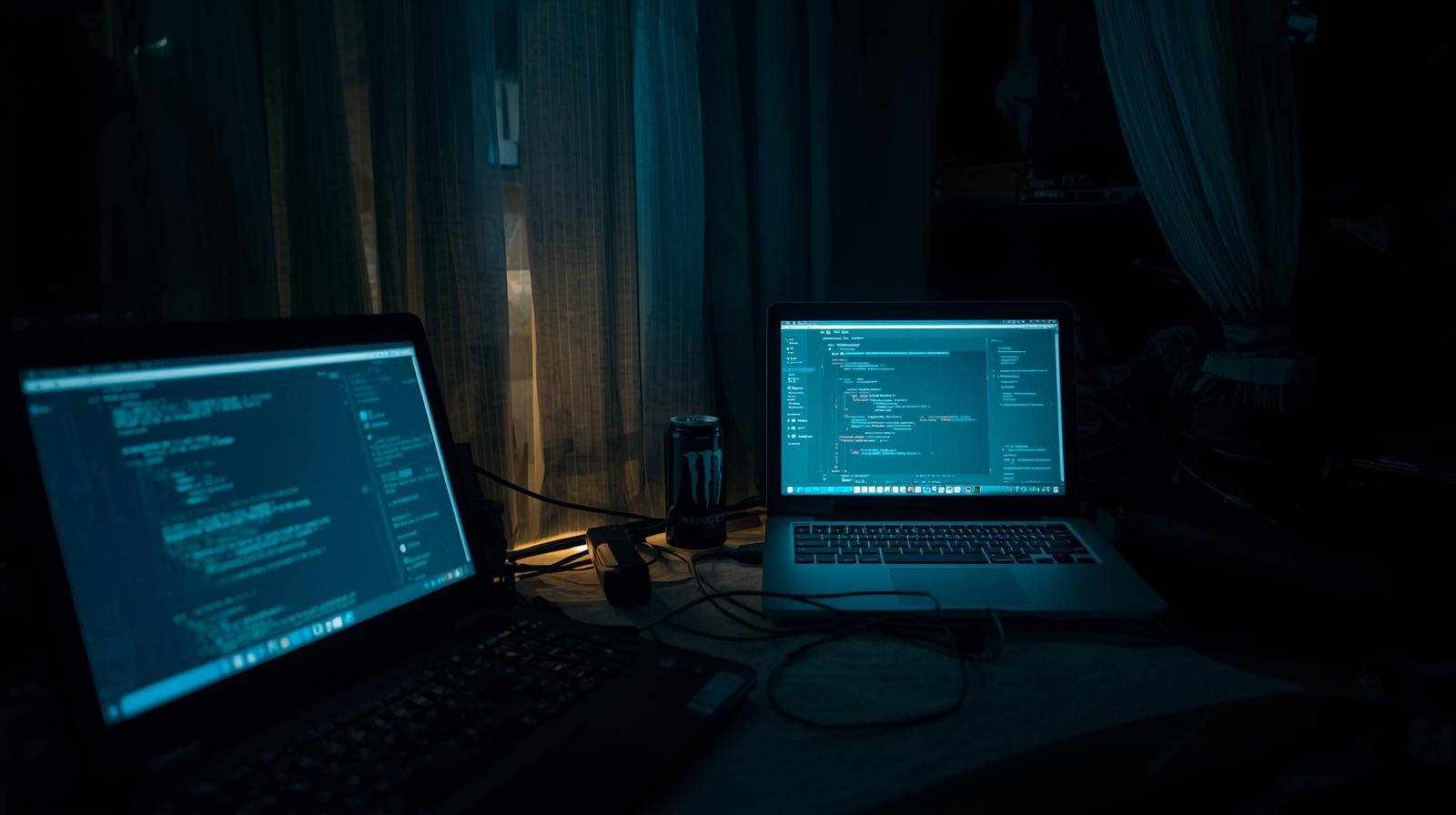 Dual laptop setup displaying code for configuring waf policies rules in dark cybersecurity workspace at night