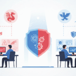 Coordinating red team blue team exercises illustrated with split shield symbol connecting threat detection and response