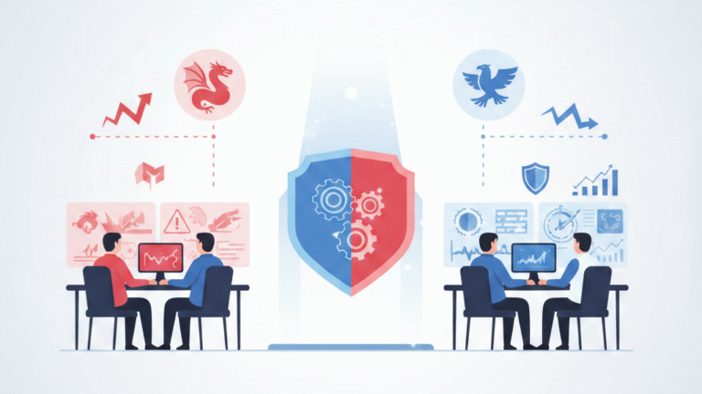 Coordinating red team blue team exercises illustrated with split shield symbol connecting threat detection and response