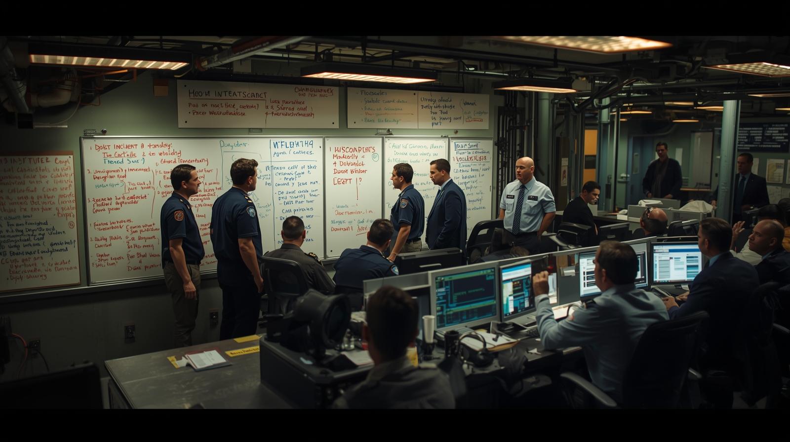 Emergency operations center implementing ICS incident response planning during active incident briefing