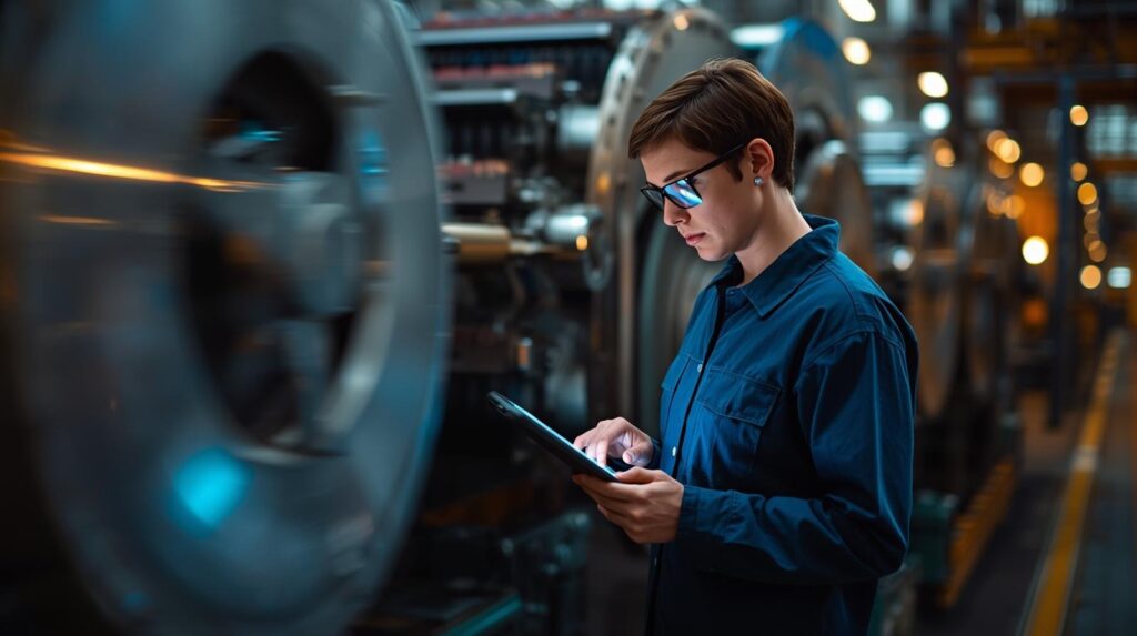 Industrial worker using managed OT
security monitoring service on tablet in manufacturing facility