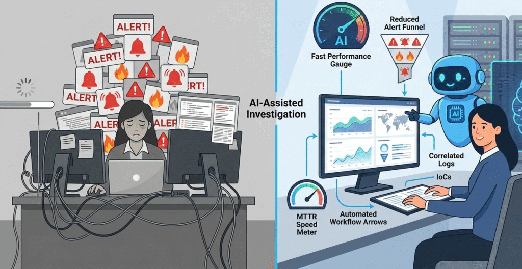 A split-screen vector illustration comparing manual workload to AI-assisted efficiency. The right side highlights optimized soc analyst alert investigation steps where an analyst and AI robot use correlated logs and a performance gauge to reduce alert fatigue, contrasted against a cluttered, manual "before" state on the left.