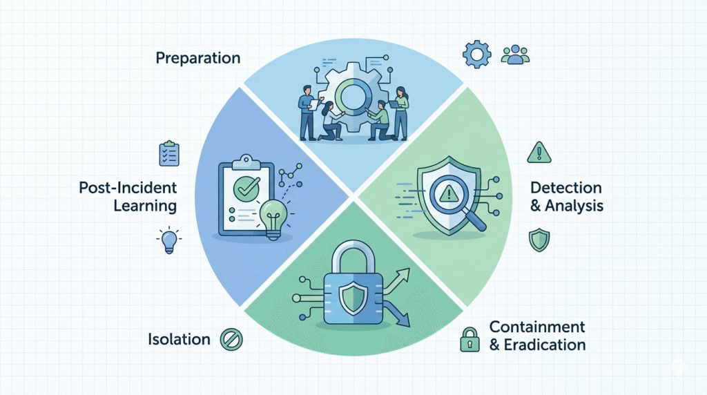 A clean horizontal process flow diagram illustrating the five core soc analyst alert investigation steps: Alert Intake, Triage, Investigation, Response, and Documentation. Each stage is represented by minimalist icons—including a magnifying glass and a shield—connected by smooth arrows on a subtle tech-grid background.