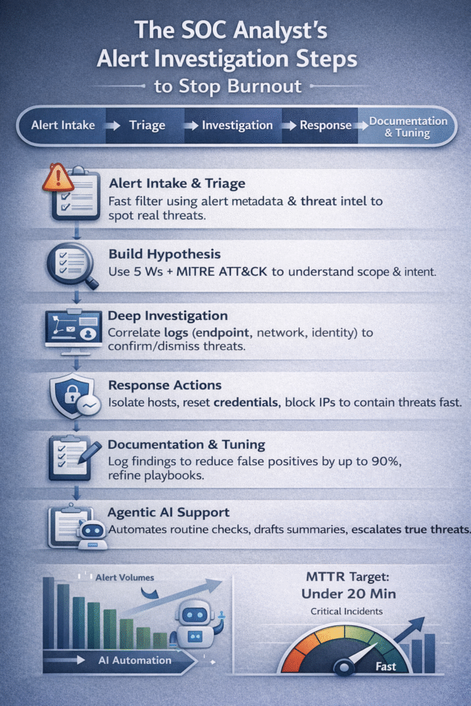 A professional cybersecurity hero image showcasing the soc analyst alert investigation steps within an enterprise dashboard. The visual emphasizes a structured pipeline from raw alert data to documented resolution, utilizing a professional palette of deep navy and teal to convey trust and precision.