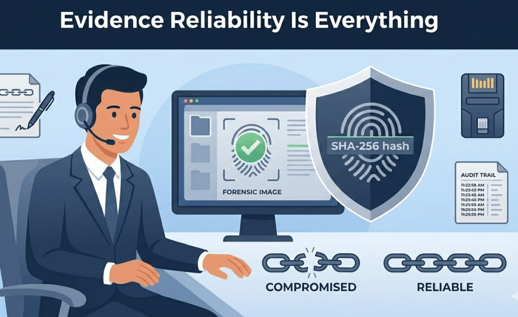 A shield and fingerprint icon representing the integrity and reliability of digital evidence collection analysis.