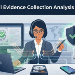 2D vector illustration of a forensic analyst performing digital evidence collection analysis on multiple devices.