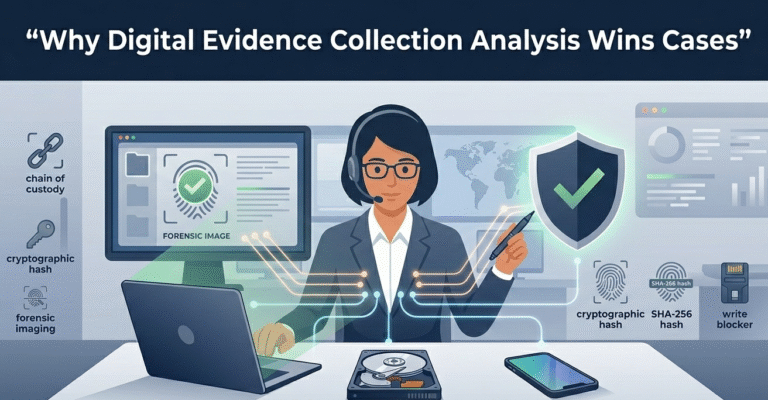 2D vector illustration of a forensic analyst performing digital evidence collection analysis on multiple devices.