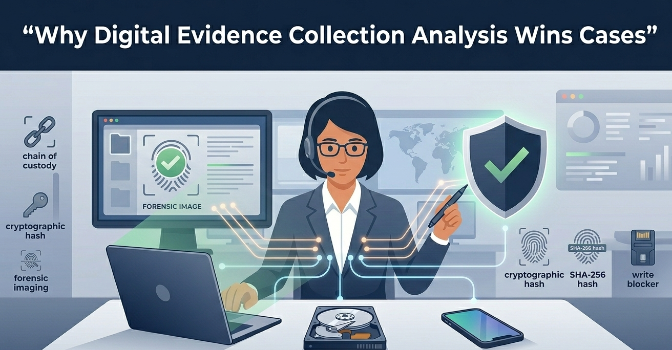 2D vector illustration of a forensic analyst performing digital evidence collection analysis on multiple devices.