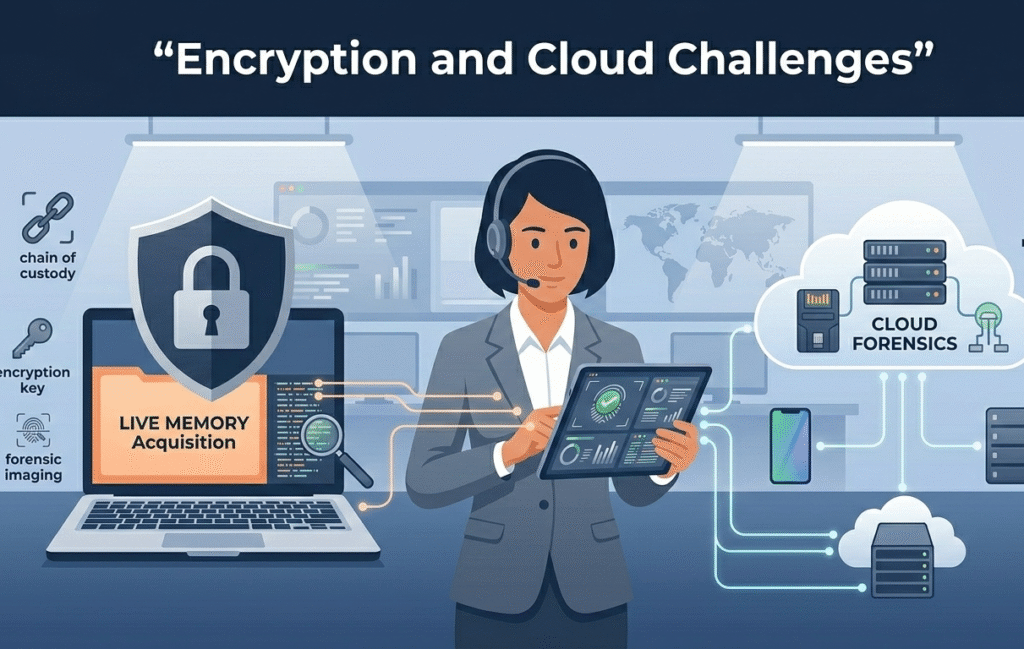 Conceptual scene showing the challenges of encryption and cloud-based digital evidence collection analysis.