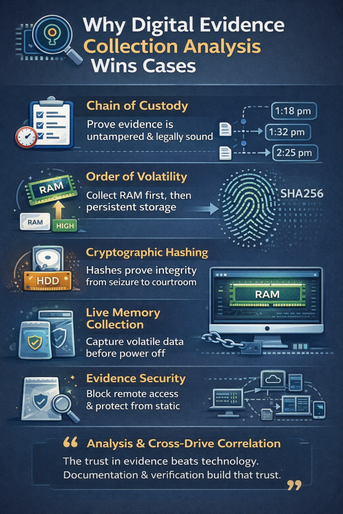 Security operations center workspace highlighting the technical steps of digital evidence collection analysis.