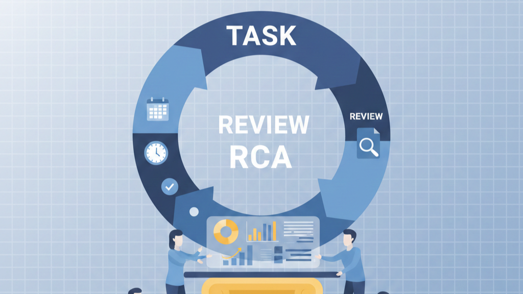 Minimalist team working at a digital dashboard with icons for tasks and reviews, highlighting the process of determining incident root cause.