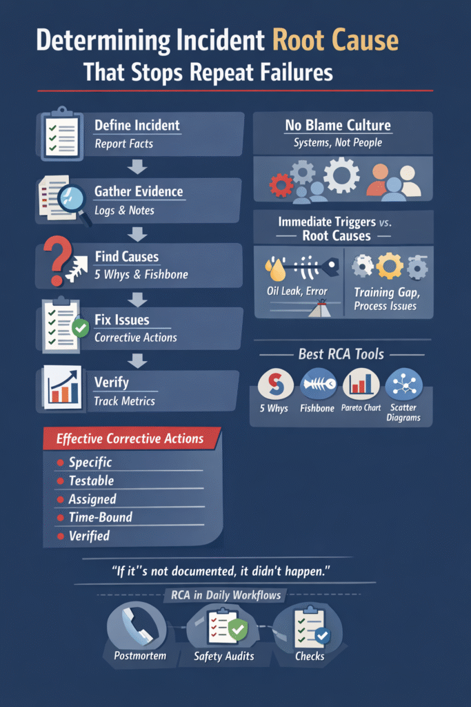 Blue and gold infographic featuring an RCA pillar and gear icons, symbolizing a structured approach to determining incident root cause within a business operation.