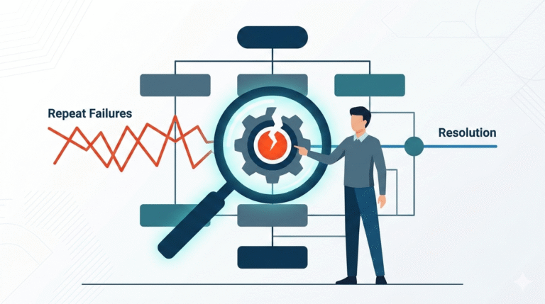 2D vector illustration of a digital team determining incident root cause as the foundational pillar of a daily work cycle.