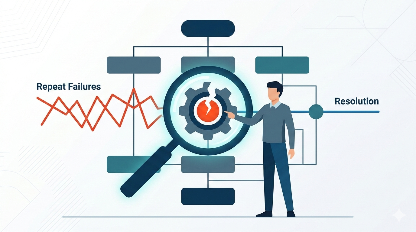 2D vector illustration of a digital team determining incident root cause as the foundational pillar of a daily work cycle.