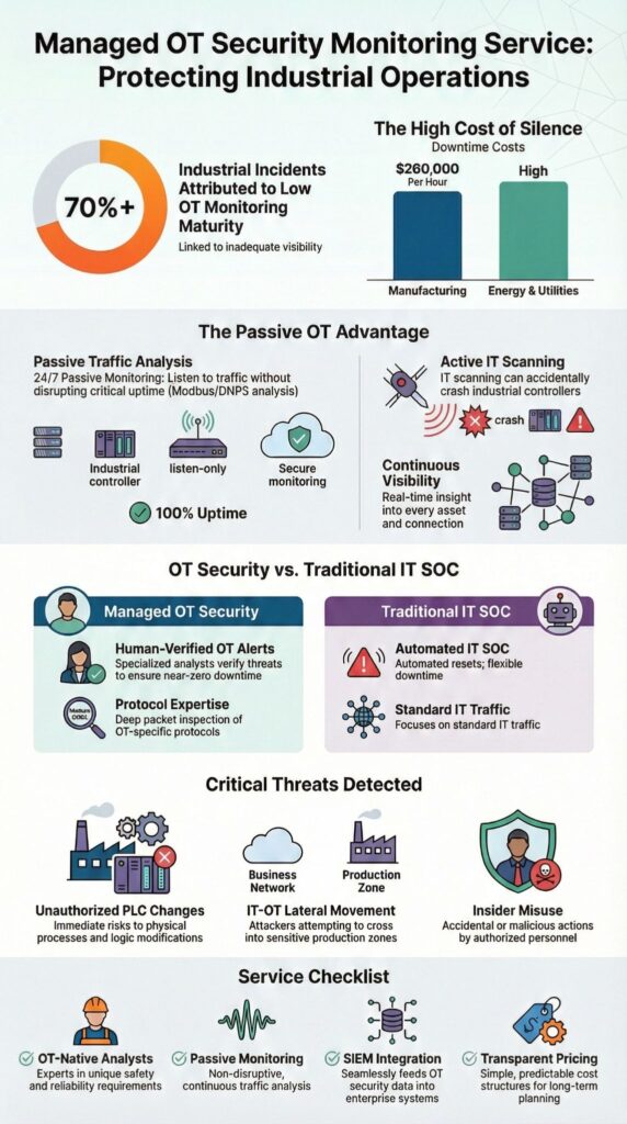 Managed OT security monitoring service infographic showing industrial protection and threat detection methods