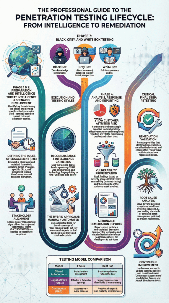 Managed penetration testing coordination visualizing security teams closing vulnerabilities across systems and dashboards