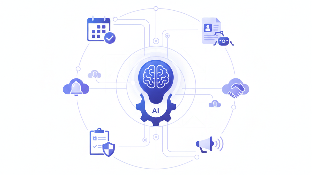 Outsourced pen test scheduling management illustrated with automated AI tools connecting calendars, vendors, and security tasks