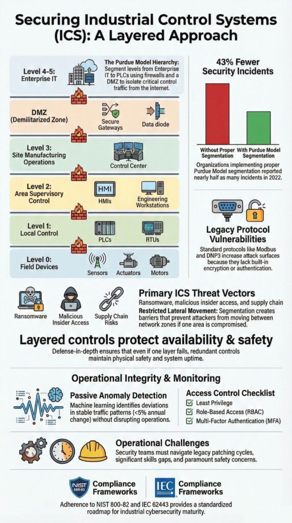 Securing industrial control systems (ICS) infographic showing layered approach and Purdue Model hierarchy