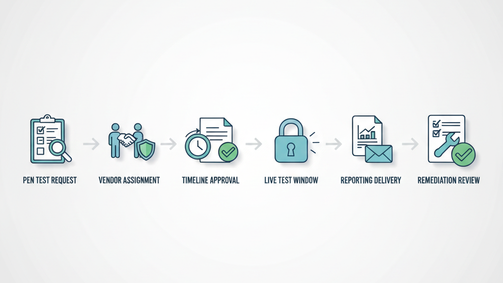  Outsourced pen test scheduling management process flow with approval timelines, live testing stages, and reporting delivery