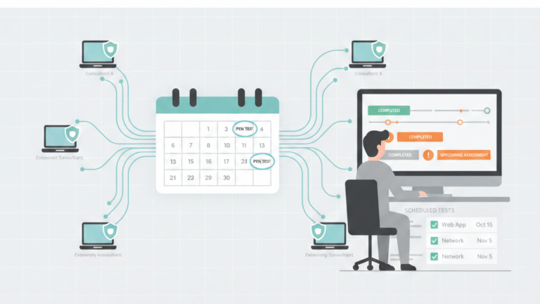 Outsourced pen test scheduling management dashboard coordinating multiple security vendors through a central calendar system