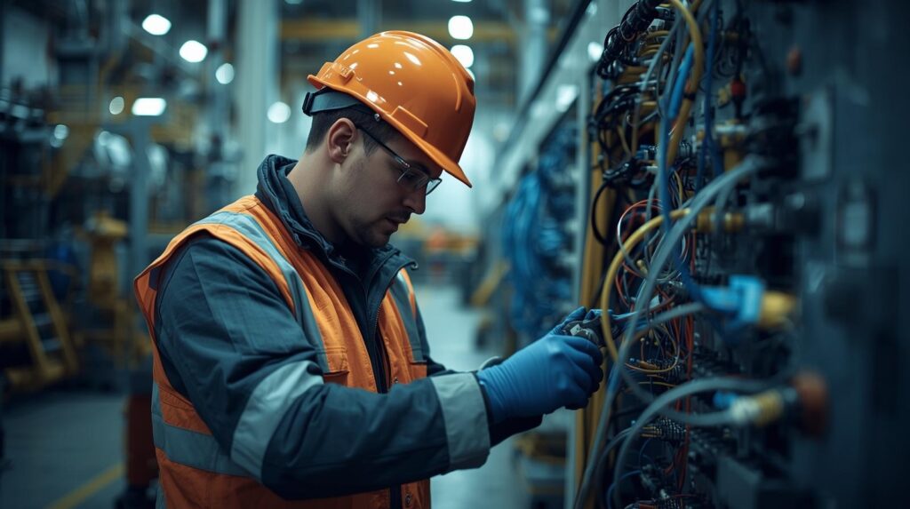 Industrial technician gaining visibility into OT network traffic by inspecting network cabling in factory
