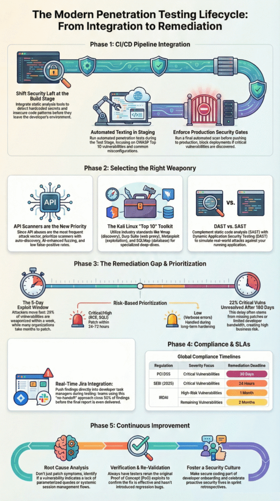 Outsourced pen test scheduling management workflow showing request, vendor assignment, testing window, and remediation review