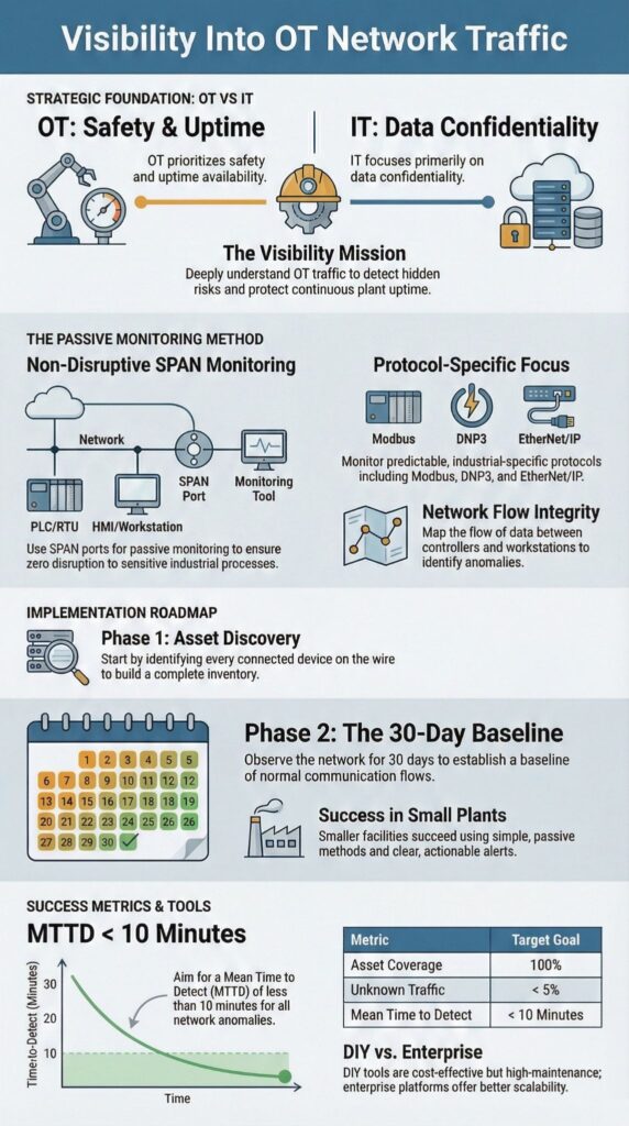 Visibility into OT network traffic infographic showing passive monitoring methods and implementation roadmap