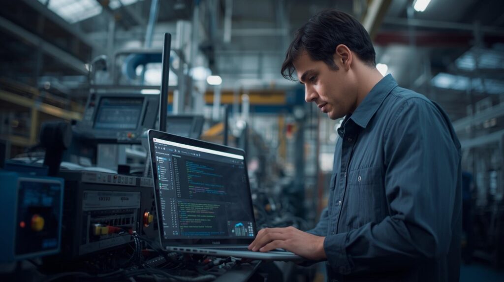 Industrial engineer detecting OT specific threats vulnerabilities on monitoring laptop in factory floor