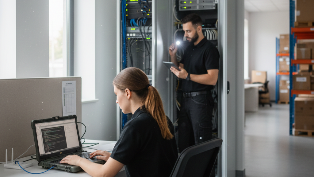 Choosing penetration testing vendor in Fullerton as engineers perform hands-on security testing in a data center