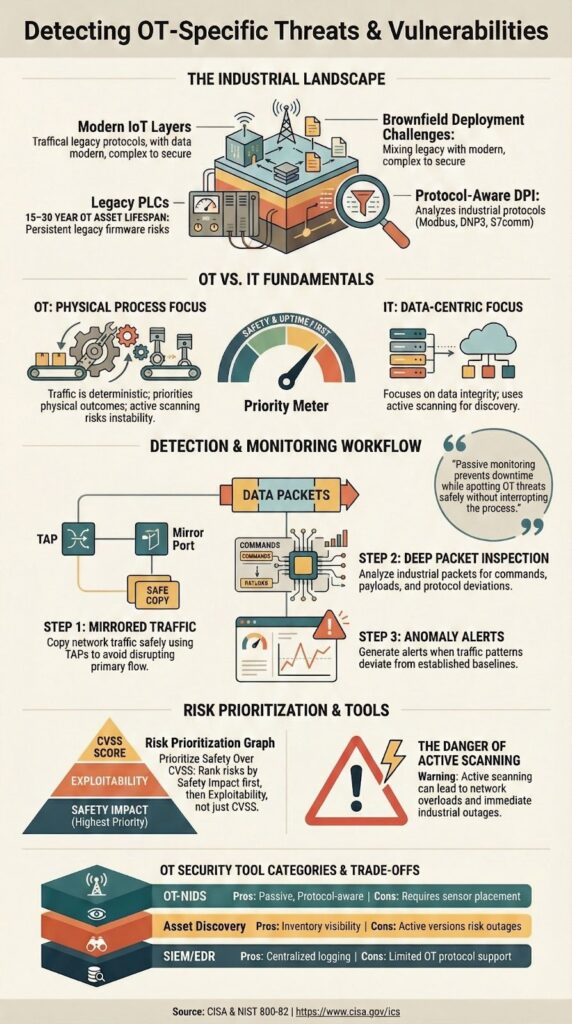 Detecting OT specific threats vulnerabilities infographic with monitoring workflow and risk prioritization