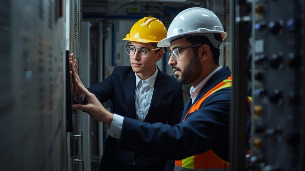 IT and OT professionals collaborating on bridging IT OT security gap at industrial control panel
