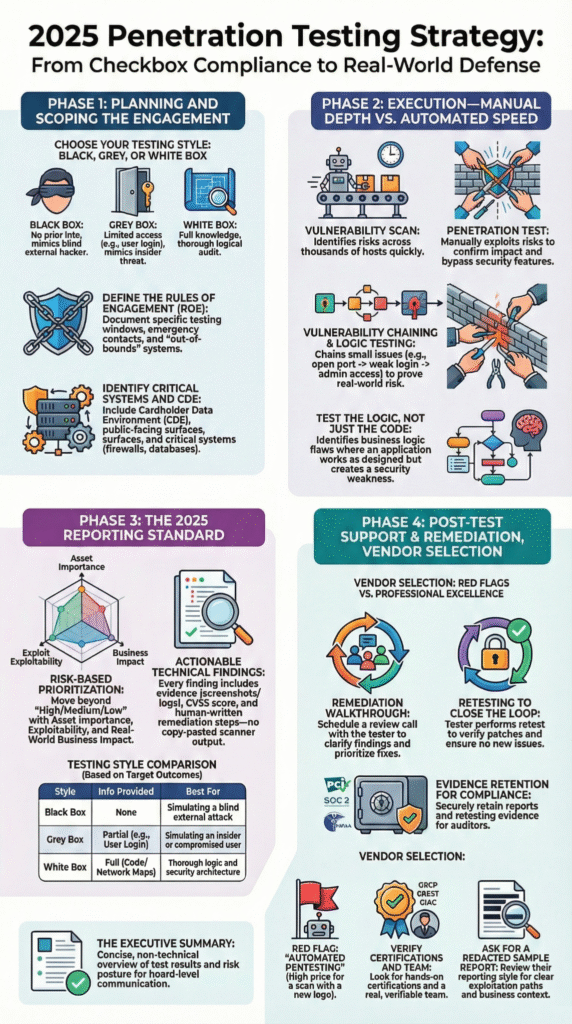 Choosing penetration testing vendor in Fullerton during a security strategy meeting reviewing risk and remediation progress