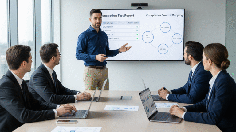 Analysts validating compliance penetration testing requirements using structured penetration test reports and control mapping
