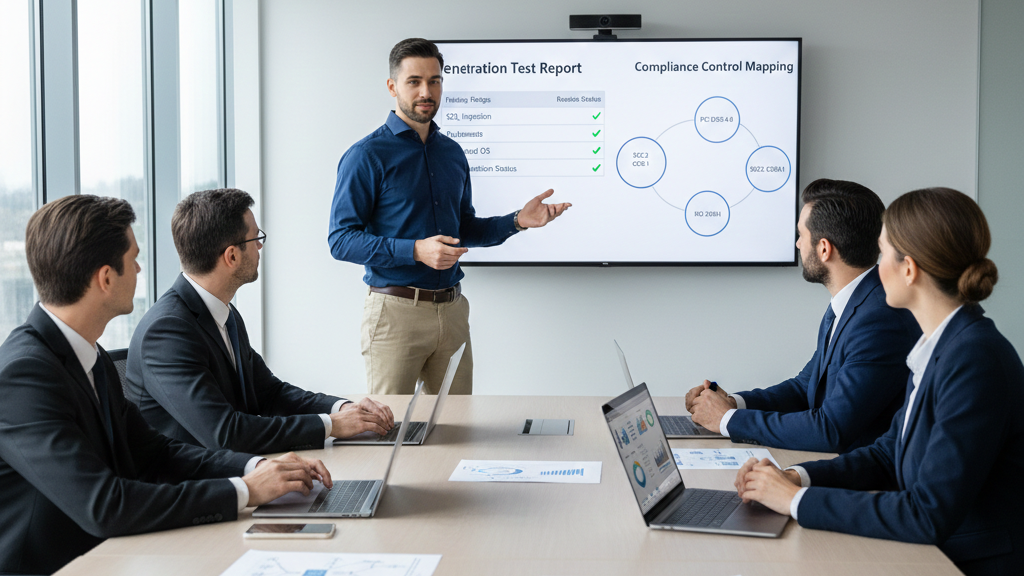 Analysts validating compliance penetration testing requirements using structured penetration test reports and control mapping