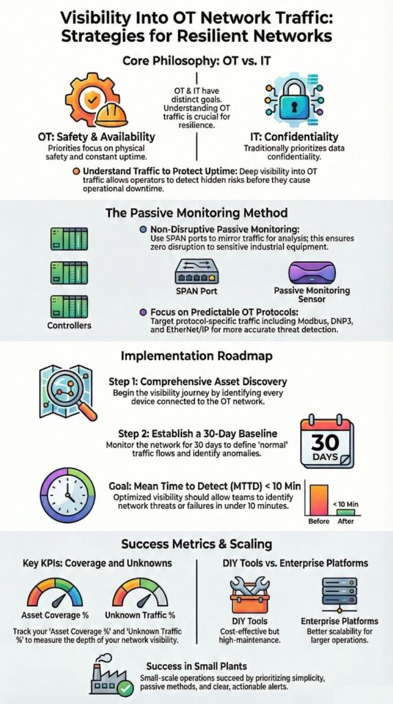 Bridging IT OT security gap infographic showing passive monitoring methods and implementation strategies