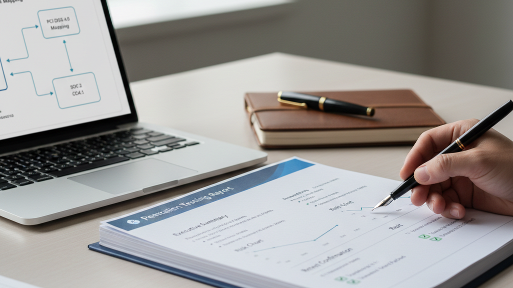 Team reviewing compliance penetration testing requirements with real attack simulations and documented remediation results