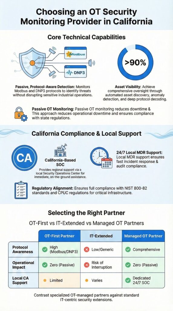 Choosing OT security monitoring provider in california infographic with compliance and technical capabilities