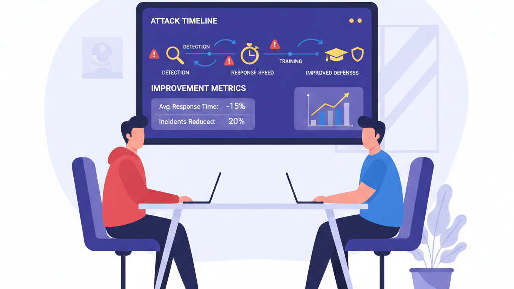 Simulating real world attacks safely with security teams reviewing attack timelines and defense performance metrics