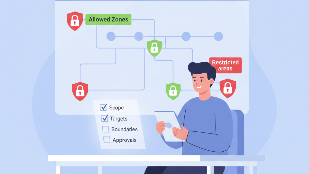 Simulating real world attacks safely by defining clear scope, targets, and restricted zones in a controlled environment