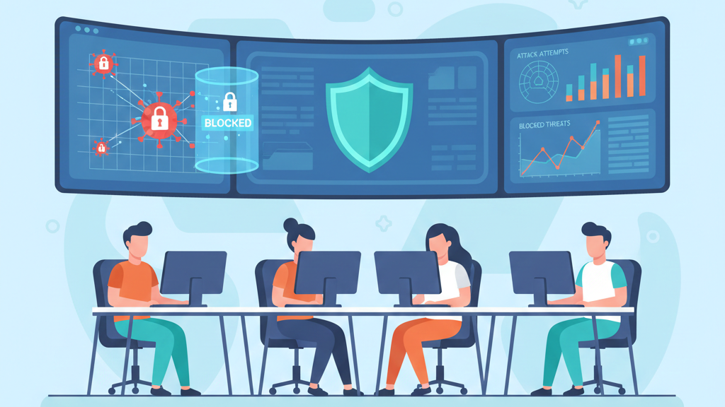 Simulating real world attacks safely as analysts monitor blocked threats and system defenses in a live security dashboard