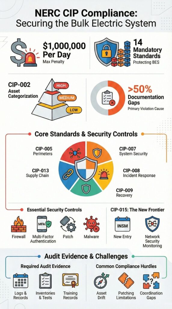 Compliance requirements OT security (nerc cip) infographic showing mandatory standards and core controls