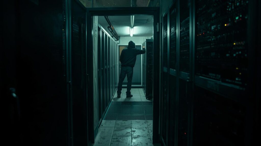 Hooded figure in server room illustrating threats addressed by protecting websites owasp top 10 security measures