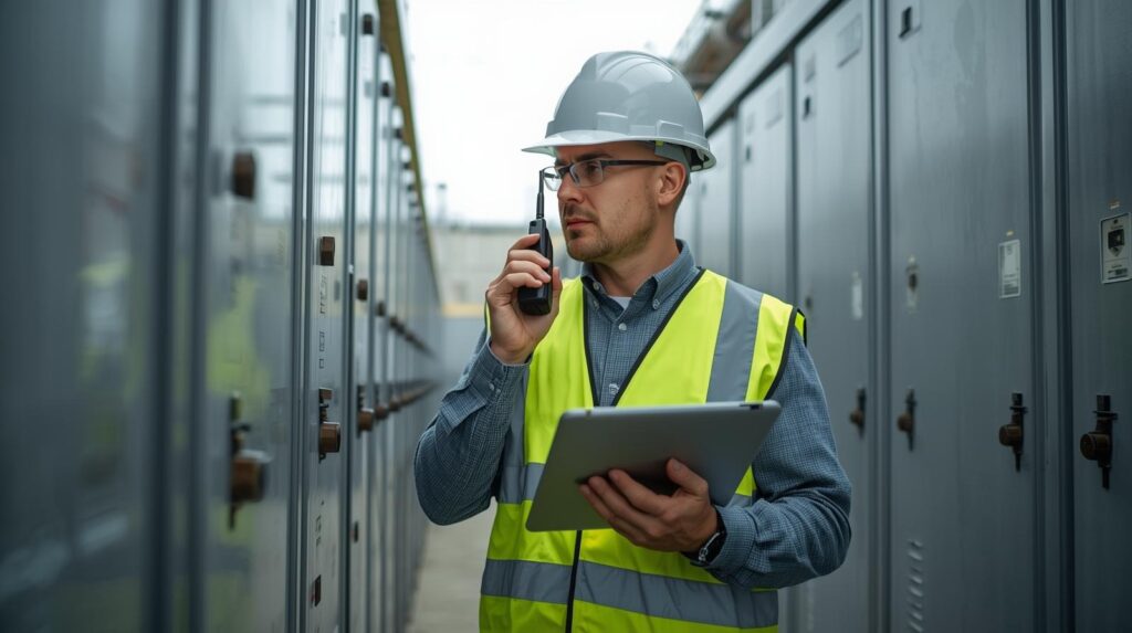 Industrial worker conducting ICS incident response planning using radio and tablet at facility site