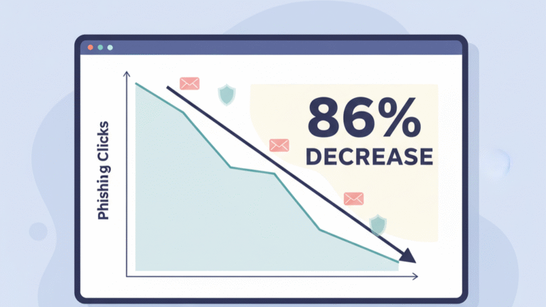 Security Awareness Training Management dashboard displaying reduced phishing clicks and performance metrics.